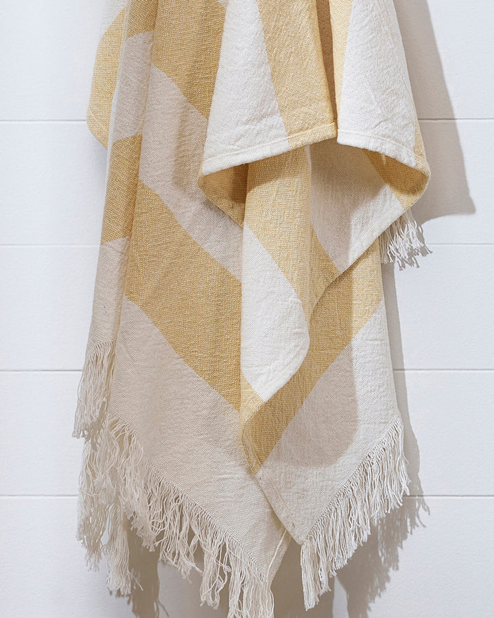 Cheltenham Throw Add a touch of summer to your home with this Cheltenham Throw. Made of 100% cotton, it features a wide stripe design in a delicate powdery blue color. The cross-woven pattern with white detailing and frayed edges brings to mind carefree p