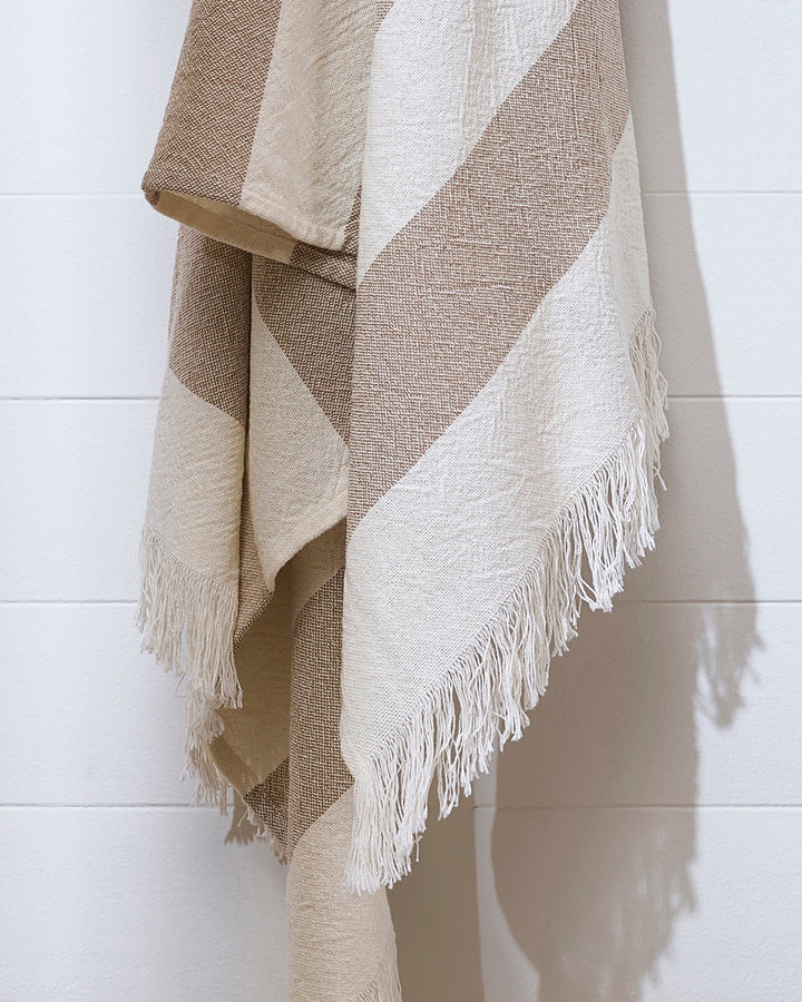 Cheltenham Throw Add a touch of summer to your home with this Cheltenham Throw. Made of 100% cotton, it features a wide stripe design in a delicate powdery blue color. The cross-woven pattern with white detailing and frayed edges brings to mind carefree p