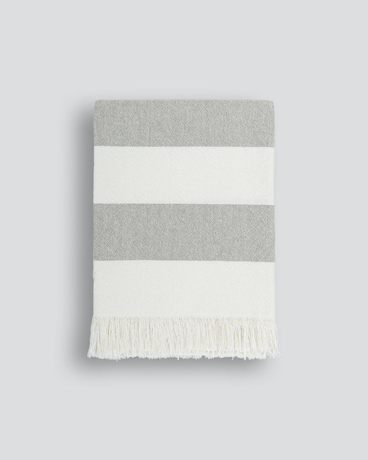 Cheltenham Throw Add a touch of summer to your home with this Cheltenham Throw. Made of 100% cotton, it features a wide stripe design in a delicate powdery blue color. The cross-woven pattern with white detailing and frayed edges brings to mind carefree p