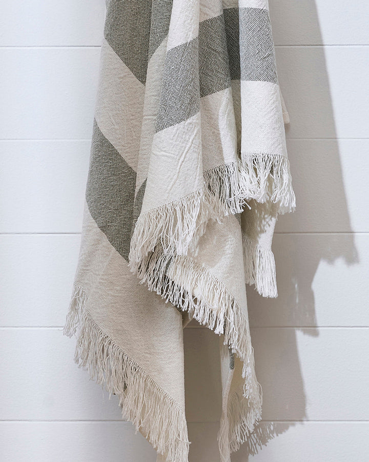 Cheltenham Throw Add a touch of summer to your home with this Cheltenham Throw. Made of 100% cotton, it features a wide stripe design in a delicate powdery blue color. The cross-woven pattern with white detailing and frayed edges brings to mind carefree p