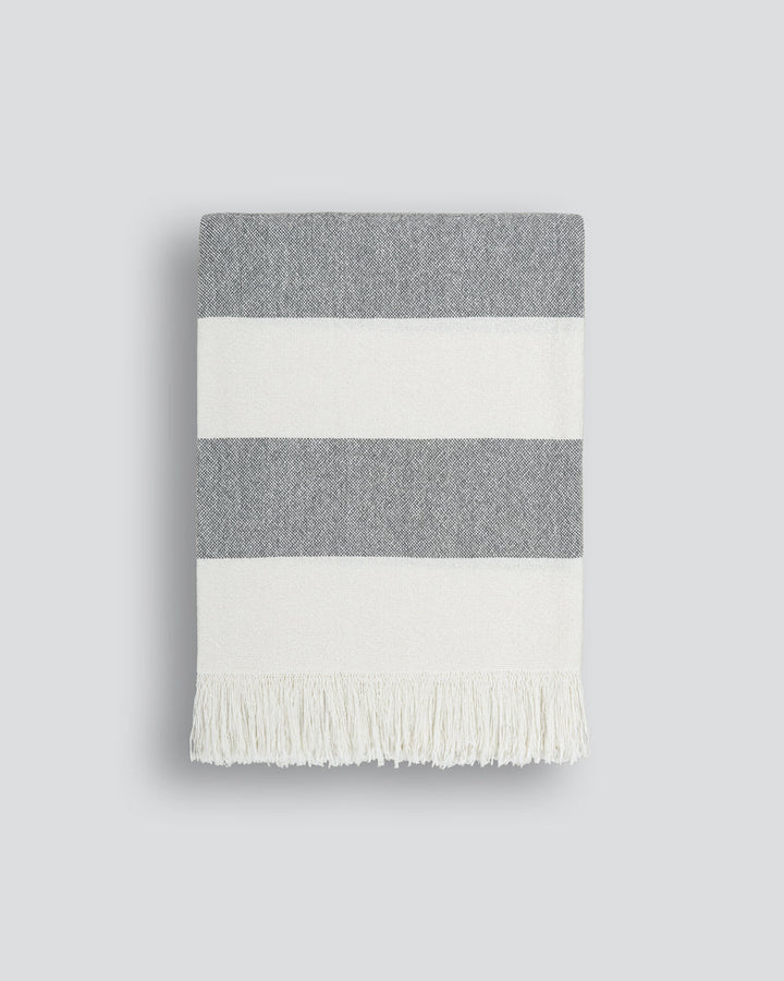 Cheltenham Throw Add a touch of summer to your home with this Cheltenham Throw. Made of 100% cotton, it features a wide stripe design in a delicate powdery blue color. The cross-woven pattern with white detailing and frayed edges brings to mind carefree p