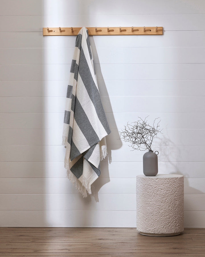 Cheltenham Throw Add a touch of summer to your home with this Cheltenham Throw. Made of 100% cotton, it features a wide stripe design in a delicate powdery blue color. The cross-woven pattern with white detailing and frayed edges brings to mind carefree p