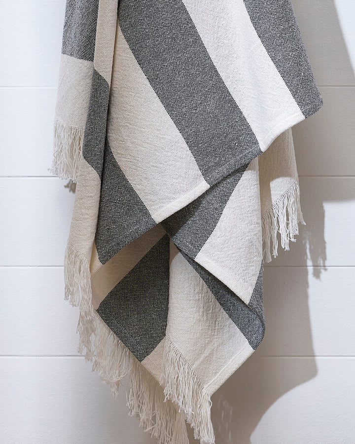 Cheltenham Throw Add a touch of summer to your home with this Cheltenham Throw. Made of 100% cotton, it features a wide stripe design in a delicate powdery blue color. The cross-woven pattern with white detailing and frayed edges brings to mind carefree p