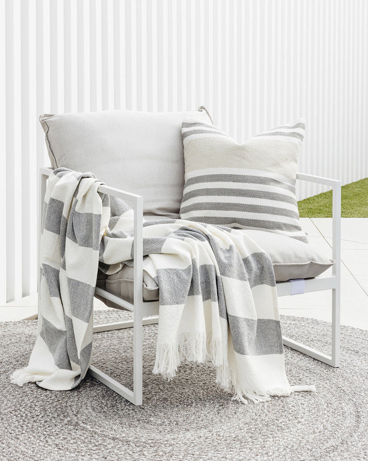 Cheltenham Throw Add a touch of summer to your home with this Cheltenham Throw. Made of 100% cotton, it features a wide stripe design in a delicate powdery blue color. The cross-woven pattern with white detailing and frayed edges brings to mind carefree p