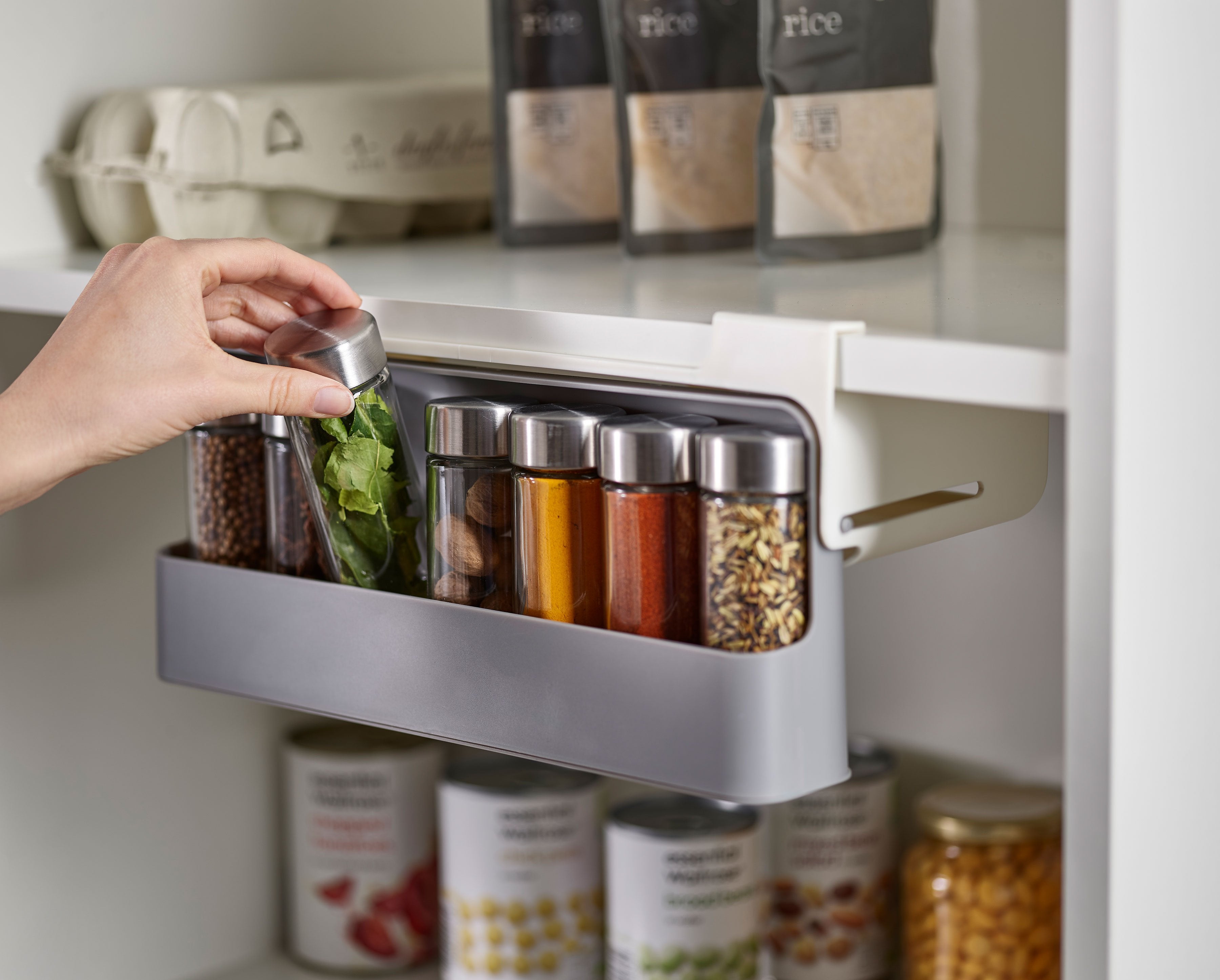 BEON.COM.AU  This innovative design makes use of the space beneath your shelves that would normally go unused with a handy pull-out compartment that holds up to 7 spice jars.  Unique design utilises unused space beneath the shelf Easy pull-out compartment with drawer stop Holds up to 7 standard spice jars (j... Joseph Joseph at BEON.COM.AU