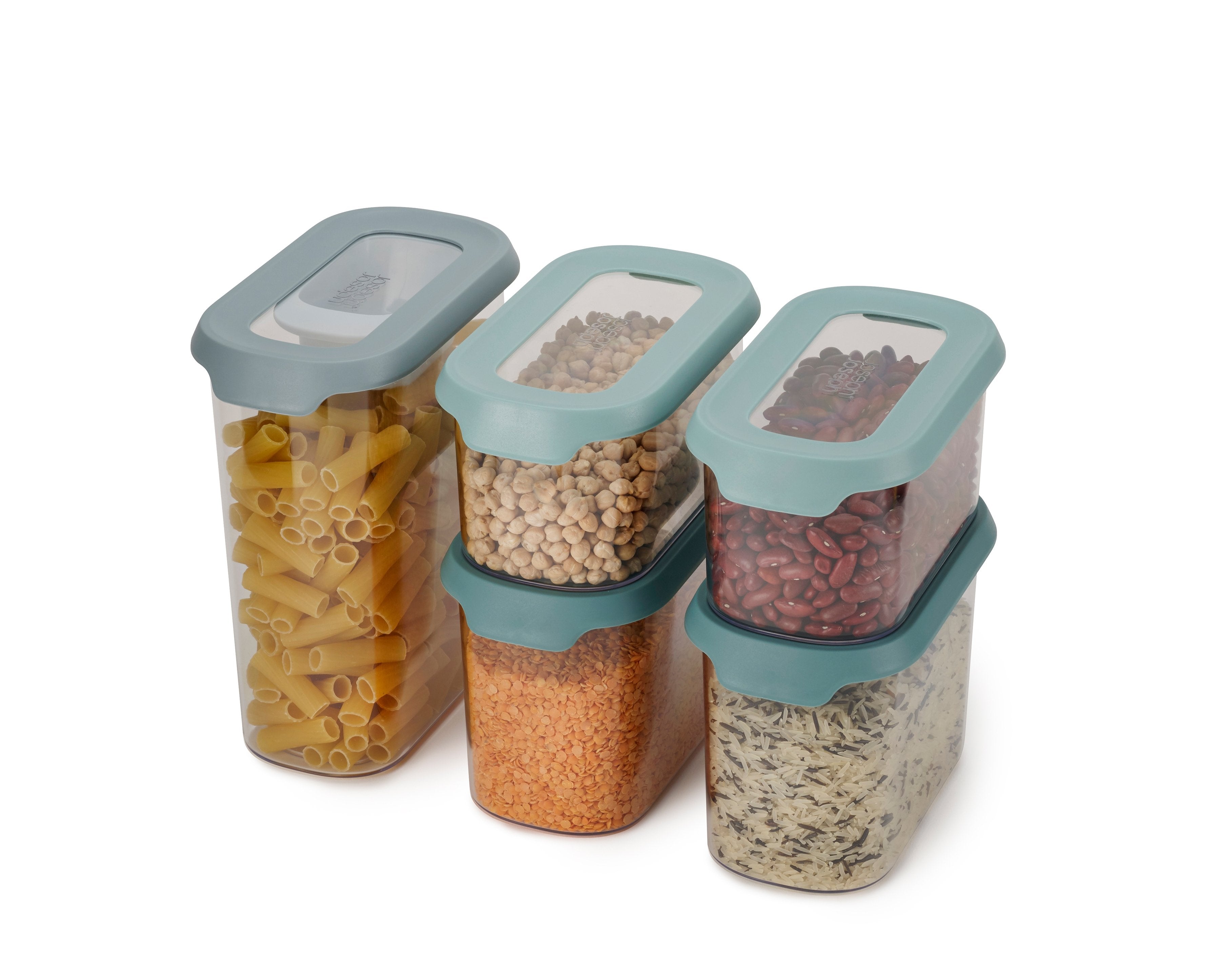 BEON.COM.AU  The stackable design of this food storage set helps make full use of space, either in your cupboard or out on a worktop.  Space-efficient, stackable design Set includes 5 plastic containers plus a handy scoop Scoop stores inside largest container Containers feature airtight lids with easy-pull t... Joseph Joseph at BEON.COM.AU
