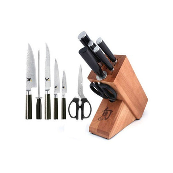 Buy online & save Shun Classic 7pc Knife Block Set |Shun |BEON.COM.AU Shun Knife Block Set, Classic 7pc Handcrafted in Japan using high carbon steel for superior sharpness, the Shun 7 piece knife block set is the creme de la creme of Japanese knives. Featuring Damascus style, forged pattern blades with a Rockwell hardness of 61 and sharpened to a 16 degree edge, th... Shun at BEON.COM.AU