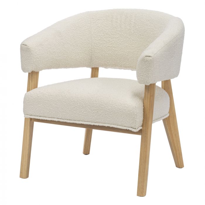 Amalfi Olsen Arm Chair White/Natural 68.5x64x75.5cm Redefining style, Amalfi is at the forefront of contemporary living. This Oslen Arm Chair is both stylish and practical. Made from boucle, rubber wood and foam, it’s a statement piece. It has a modern de