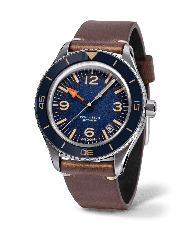 BEON.COM.AU THE ESSENTIAL MILITARY WATCH A gutsy, good-looking tool watch that combines high-performance functionality with vintage aesthetics. Featuring an iconic orange hour hand, ultra-domed plexi crystal, blue graduated bezel and blue dial, this 40mm UNDONE Basecamp is designed with the style, comfort an... Undone at BEON.COM.AU