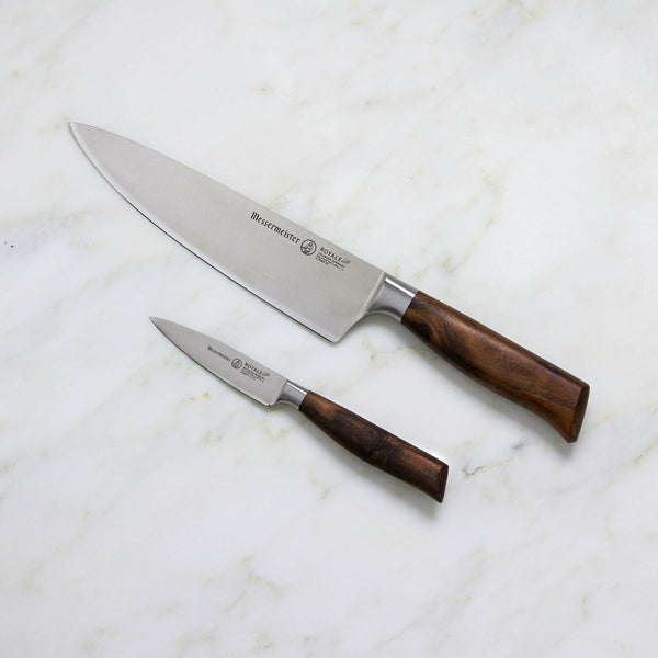 Buy online & save Royale Elite 2 Piece Chef & Parer Set |Messermeister |BEON.COM.AU E9000 2CP         Royal Elite 2 Piece Chef &amp; Parer Set This two piece set consists of the Messermeister Royale Elité 8 Inch Stealth Chef's Knife (E9686 8S) and Royale Elité 3.5 Inch Paring Knife (E9691 3). They are the two most widely used knives in the kitchen.  Features The German 1... Messermeister at BEON.COM.AU