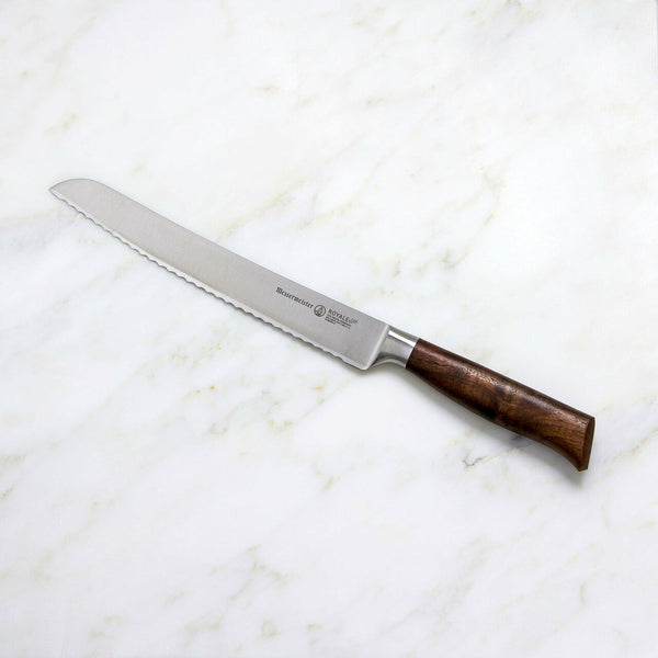 Buy online & save Royale Elite Scalloped Bread Knife 9 Inch (22.9cm) |Messermeister |BEON.COM.AU E9699 9         Royal Elite Scalloped Bread Knife 9 Inch The scalloped edge of the Messermeister Royale Elité 9 Inch Bread Knife bites into the crust of bread. This allows for smooth slicing with effortless pressure to avoid compressing your slice.  This knife is also used to slice through soft-s... Messermeister at BEON.COM.AU