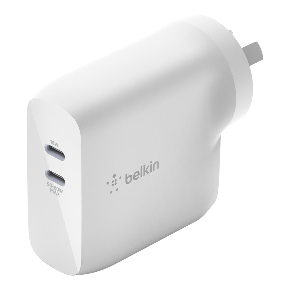 BELKIN BOOSTCHARGE Dual USB-C GaN Fast Charge Wall Charger 68W - White WCH003AUWH Belkin