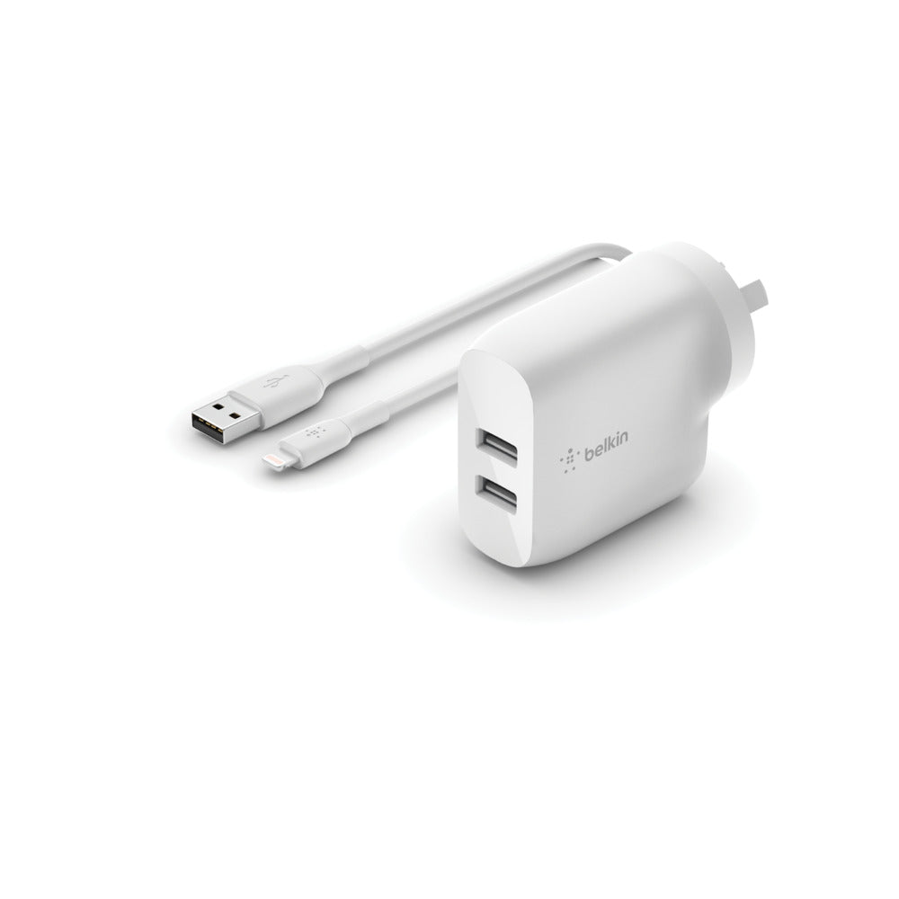 BELKIN BOOSTCHARGE Dual USB-A Wall Charger 24W + Lightning to USB-A Cable WCD001au1MWH Belkin