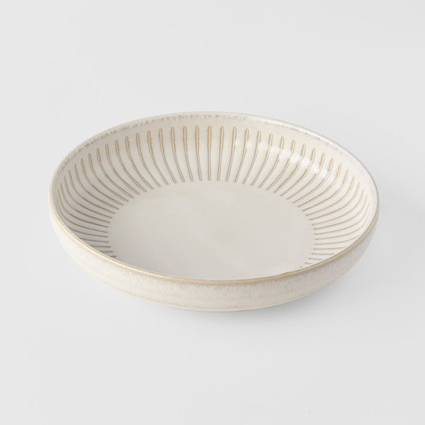 Save on High Rim Plate 20cm / Alabaster Glaze Made in Japan at BEON. A high rim plate featuring a simple line pattern embossed on a soft alabaster white glaze.20cm diameter4.1cm heightMade of 'Minoyaki' porcelain, fired at a high temperature and hand finished in Gifu prefecture, Japan. General information & care instructions Our tableware is food safe and can, with some care, be used in the oven, microwave and dishwasher. Sudden changes in temperature (eg. from freezer to oven) are likely to cause thermal s