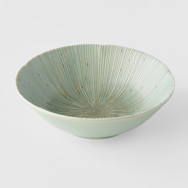 Save on Open Bowl 14cm / Tsubaki Green Glaze Made in Japan at BEON. An open-shaped bowl featuring a delicate line pattern on a pastel green glaze.14cm diameter4cm heightMade of 'Minoyaki' porcelain, fired at a high temperature and hand finished in Gifu prefecture, Japan. Slight irregularities in size, glaze and texture reflect the artisan nature of the product and are embraced. General information & care instructions Our tableware is food safe and can, with some care, be used in the oven, microwave and dish