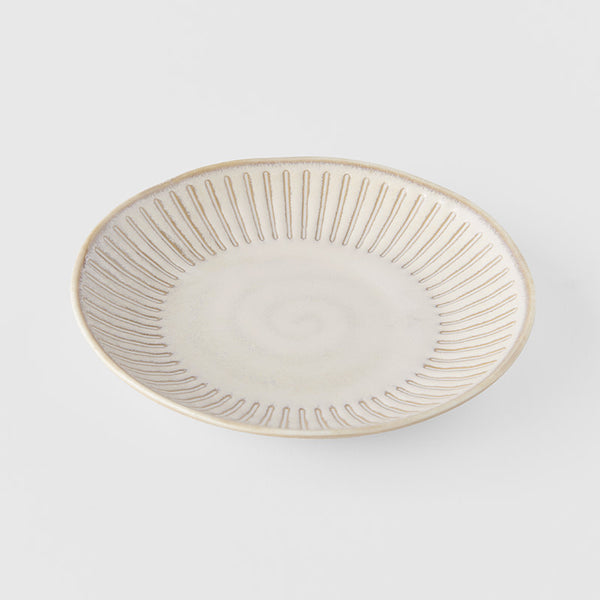 Save on Saucer 14cm / Alabaster Glaze Made in Japan at BEON. A saucer featuring a simple line pattern embossed on a soft alabaster white glaze.13.8cm diameter2.4cm heightMade of 'Minoyaki' porcelain, fired at a high temperature and hand finished in Gifu prefecture, Japan. General information & care instructions Our tableware is food safe and can, with some care, be used in the oven, microwave and dishwasher. Sudden changes in temperature (eg. from freezer to oven) are likely to cause thermal shock, which wi