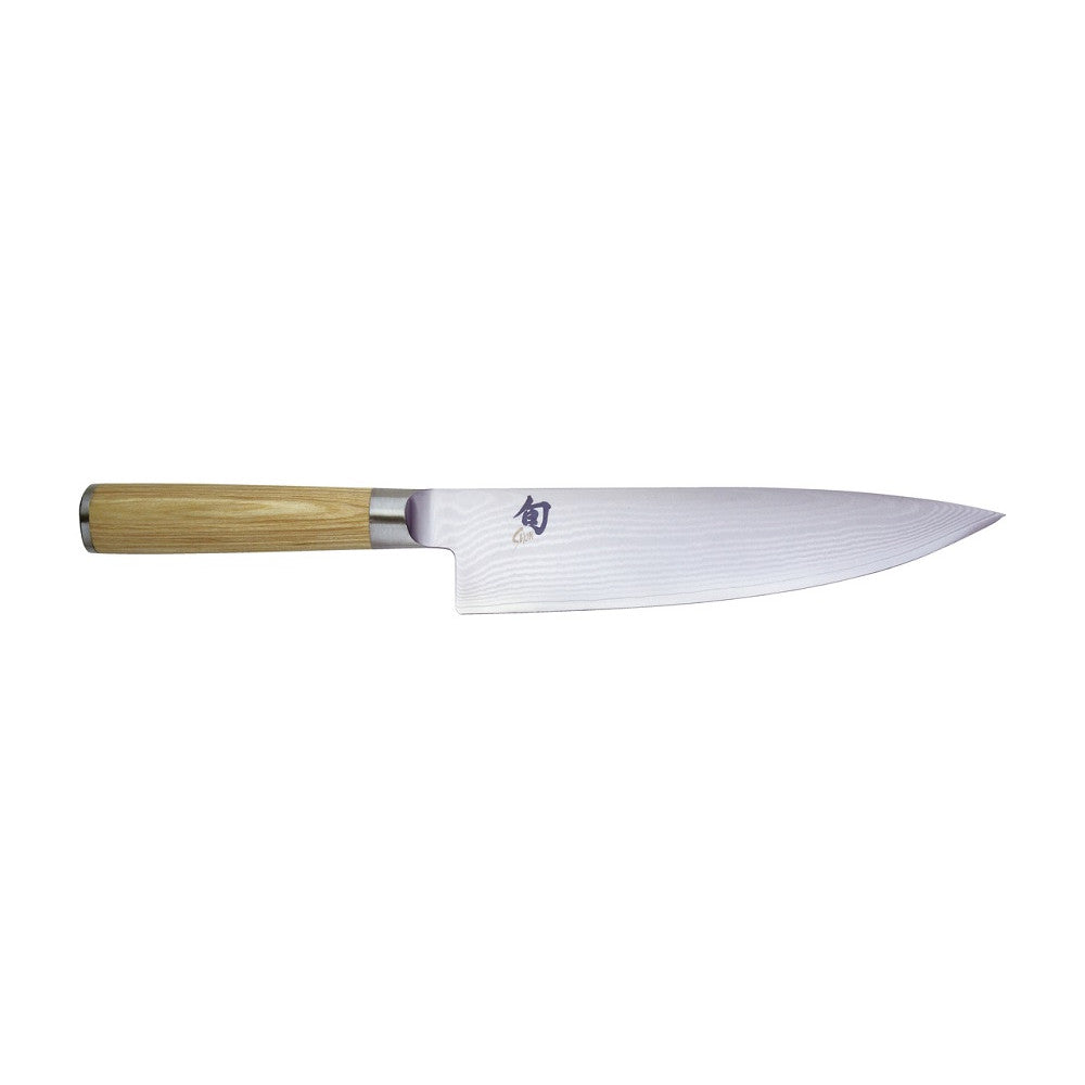 Buy online & save Shun Classic White Chefs Knife 20cm With its keen edge and gorgeous design, the handcrafted Japanese Shun Classic White collection is both a long time favourite of homecooks and professional chefs alike. Each knife in this collection features Shun's high proprietary VG-Max steel core that provides its Damascus clad steel optimum edge retention, bringing you an incredibly sharp knife that is both durable and aesthetically pleasing. Features: Measures 20.3cm VG-Max cutting core Clad in 32 la