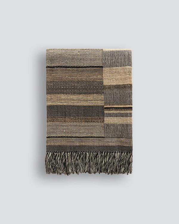 Kentucky Throw Experience the raw beauty of handcrafted, artisanal fabric. Celebrating natural fibres, the Kentucky features an irregular pattern in natural shades of charcoal, straw and ochre. Handwoven from a blend of wild tussah silk and wool, the text