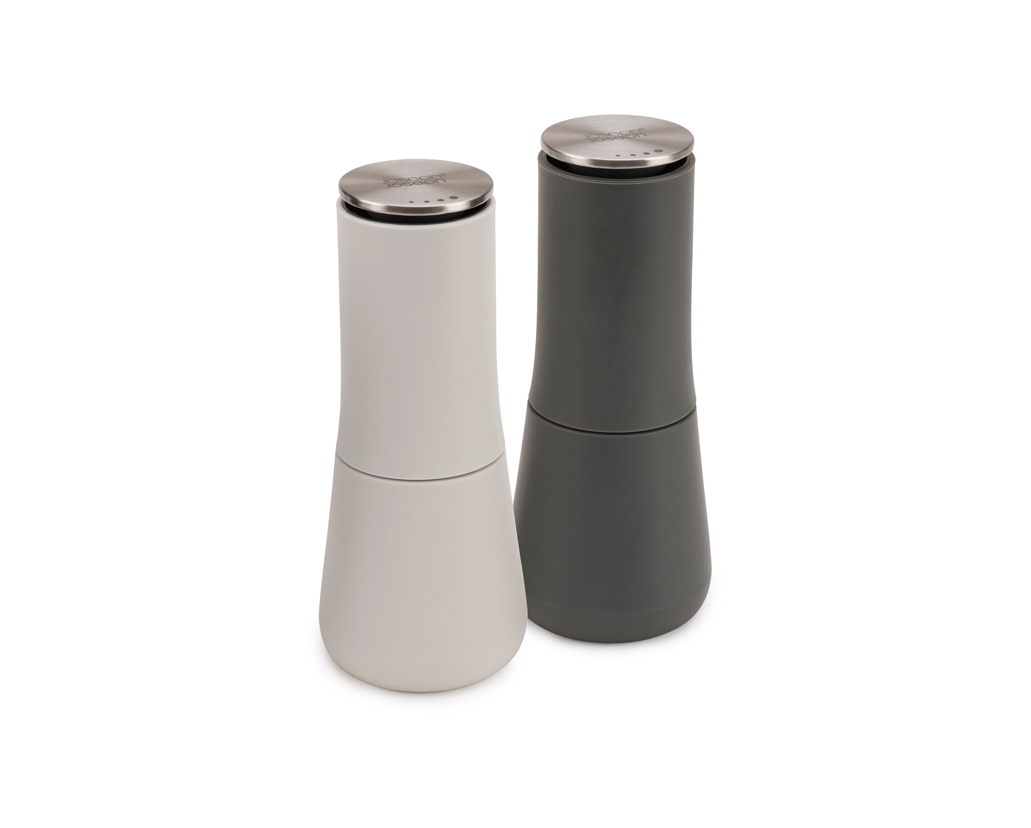 BEON.COM.AU  The clever design of these elegant salt and pepper mills means the grinding mechanism is at the top so any excess grounds fall back inside the unit rather than onto the surface they are set down on.  Inverted design keeps table tops mess-free Simply twist base to grind Adjust grinding size by tw... Joseph Joseph at BEON.COM.AU
