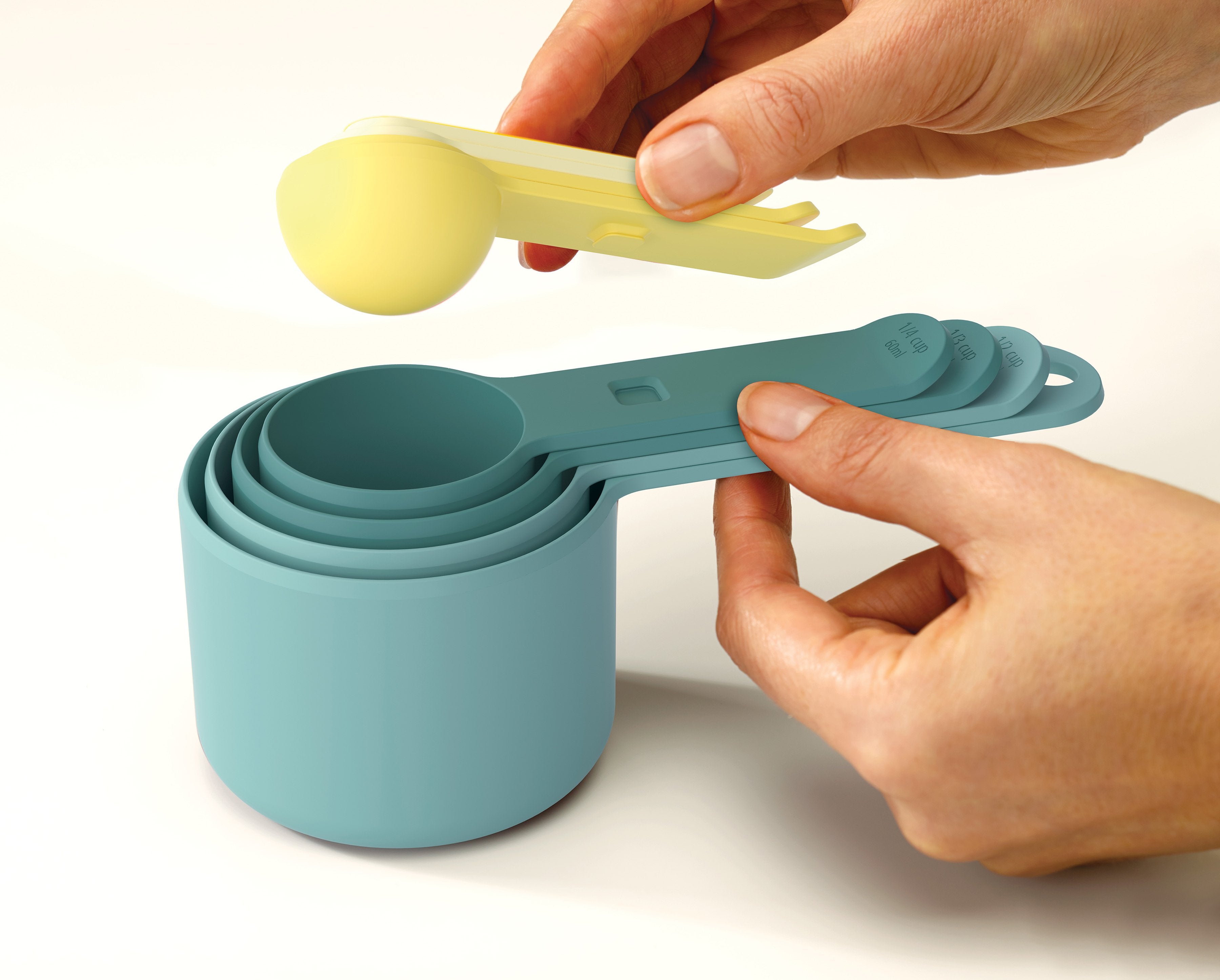 BEON.COM.AU  These measuring cup sets feature 8 different cup sizes ranging from ¼ tsp (1.25ml) up to 1 cup (250ml) but all stack neatly together to take up minimal room in your drawer or cupboard.  8-piece set includes: measures from ¼ teaspoon (1.25ml) up to 1 cup (250ml) Snap-together handles Innovative s... Joseph Joseph at BEON.COM.AU