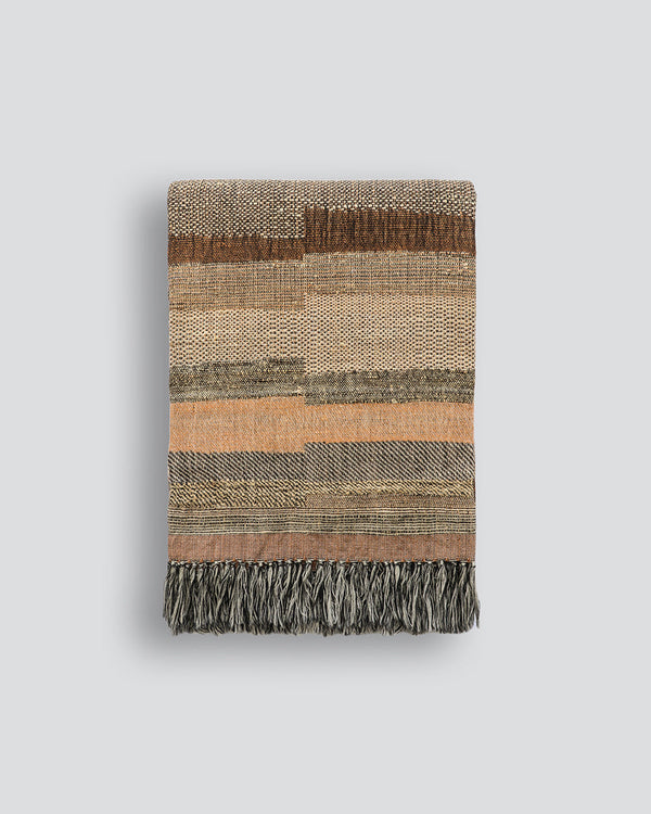 Saratoga Throw Celebrating the handmade, Saratoga features a stunning design in earthy shades of biscuit, caramel and ecru. Handwoven from a blend of wild tussah silk and wool, the textural fibres and global-inspired design creates a beautiful, artisan ae