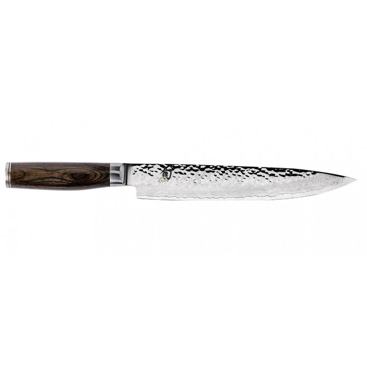 Buy online & save Shun Premier Slicing Knife 24cm |Shun |BEON.COM.AU The Shun Premier Slicing knife will enable you to slice perfect even slices without tearing. The Premier range of knives from Shun are made with the same high standard as all other Shun knives. Each knife will take 100 handcrafted steps to complete, giving you a much more superior knife than othe... Shun at BEON.COM.AU