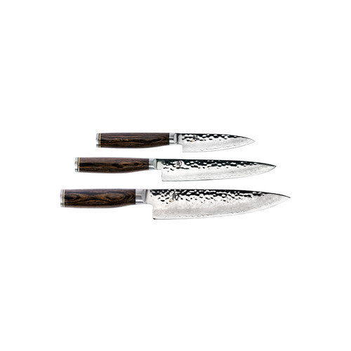 Buy online & save Shun Premier Chef Knife Set 3pc |Shun |BEON.COM.AU The Premier range of knives from Shun are made with the same high standard of craftsmanship as with all Shun knives.  Each knife takes up to 100 handcrafted steps to complete, giving you a far more superior knife. The VG-Max steel gives the knives a precision edge and the layered Damascus claddin... Shun at BEON.COM.AU