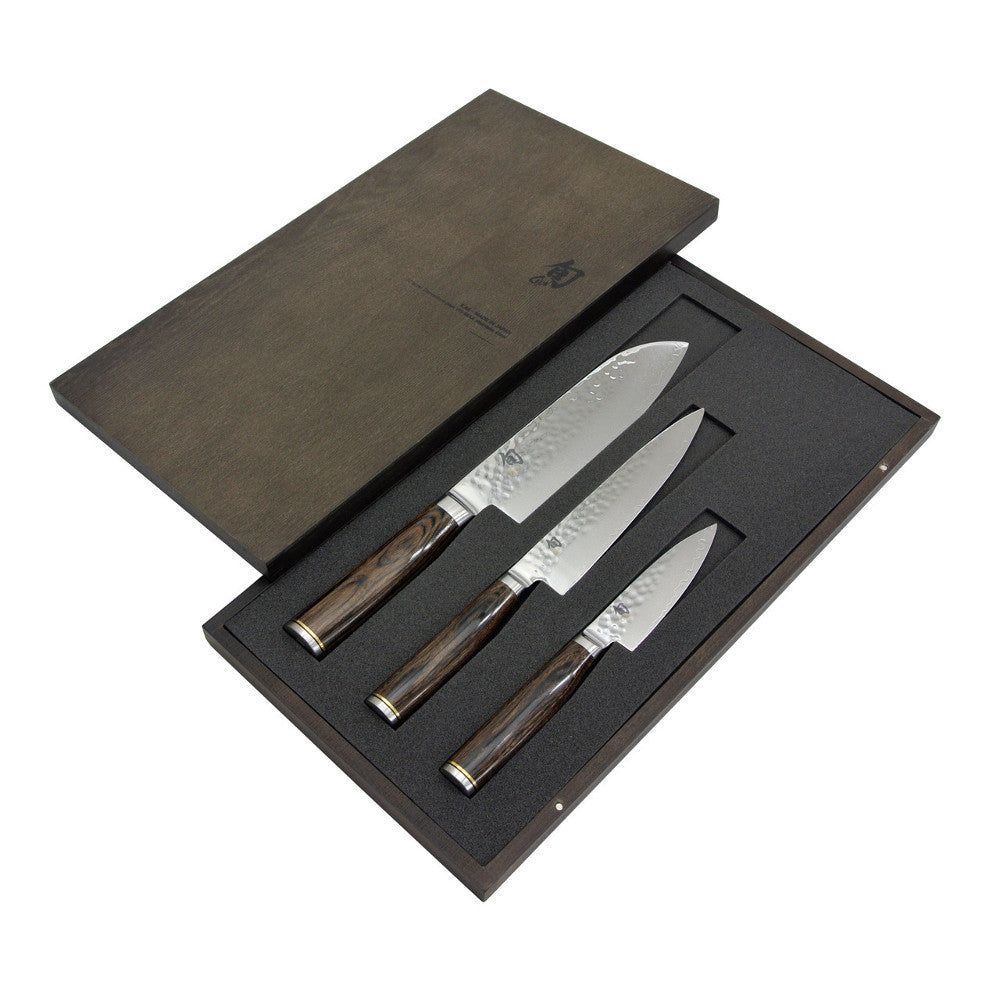 BEON.COM.AU This exclusive Premium Knife Set by Shun features a distinguished hand-hammered blade with a stunning walnut coloured Pakkawood handle that evokes the artistry of traditional hand-forged knives. Beautifully hand crafted in Japan, the exquisite blade is thin and lightweight and features a VG-10 &q... Shun at BEON.COM.AU