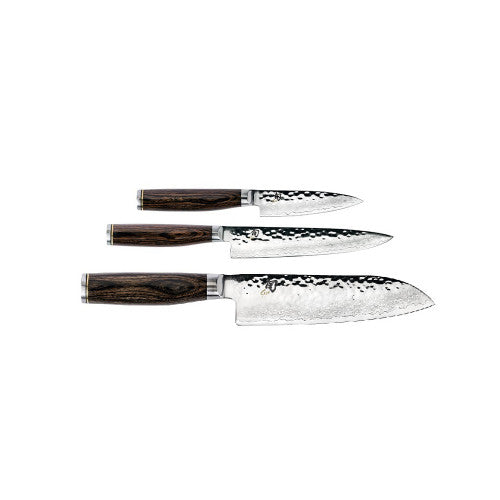 Buy online & save Shun Premier 3 Piece Santoku Knife Set |Shun |BEON.COM.AU This exclusive Premium Knife Set by Shun features a distinguished hand-hammered blade with a stunning walnut coloured Pakkawood handle that evokes the artistry of traditional hand-forged knives. Beautifully hand crafted in Japan, the exquisite blade is thin and lightweight and features a VG-10 &q... Shun at BEON.COM.AU