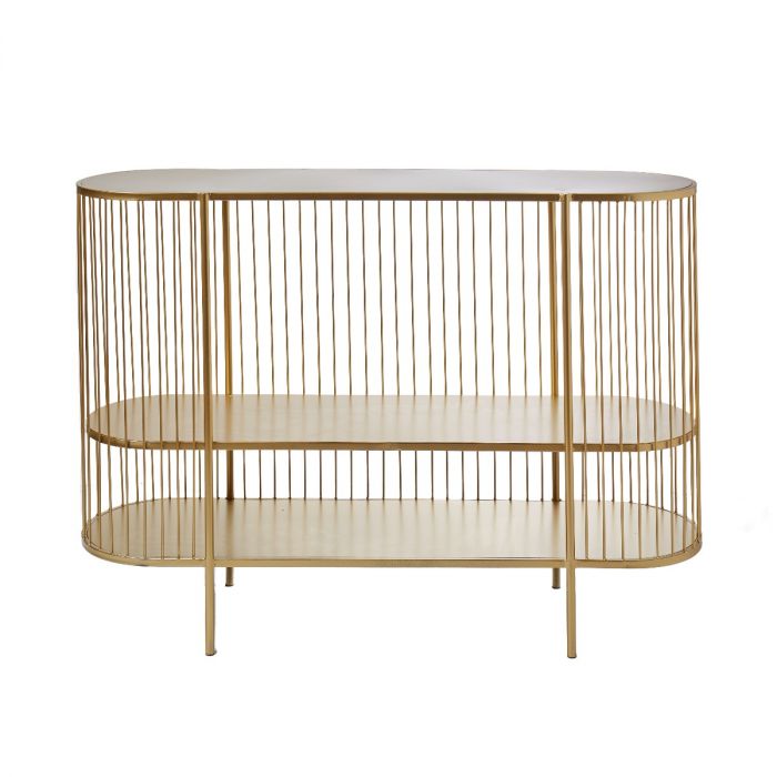 Amalfi Fabien Console Table Gold 120x33x85cm This Amalfi Fabien Console is unique, charming and sophisticated. With an eccentric silhouette and gold colour palette, it’s both stylish and practical. The body is iron and features three fixed shelves, creati